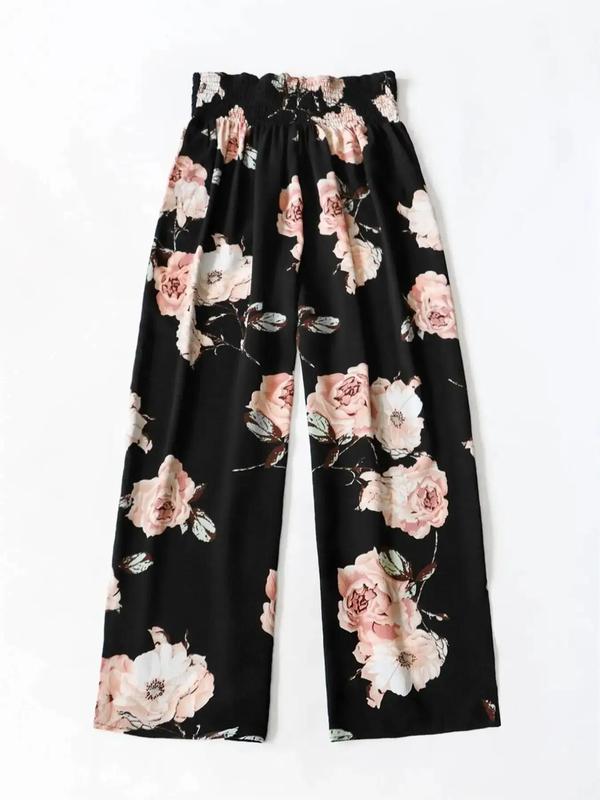 Plus Size Floral Drawstring Waist Wideleg Vintage Pants, Boho Womenswear, Lady Elegant Shirred Wideleg Trousers for Daily Vacation, Comfort Bottoms, Plus Size Clothing, Summer Outfits 2024 for Work