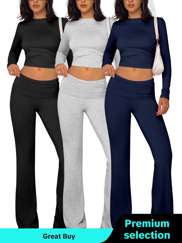 Women's Solid Long Sleeve Short Tee & Flare Leg Pants Set, Casual Round Neck Top & Bell Bottom Trousers for Daily Wear, Ladies Clothes for All Seasons