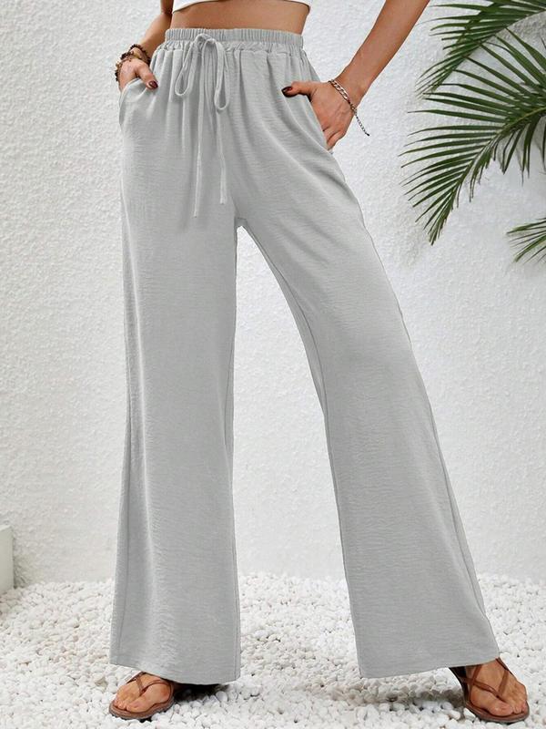 Women's Plain Drawstring High Waist Wide Leg Pants, Pants for Women, Baggy Pants, Summer Clothes Women, Casual Pocket Elastic Waist Trousers for Summer, Women's Bottoms for Daily Wear, Summer Outfits 2024