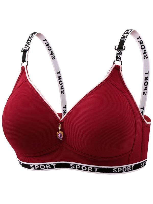 Women's Colorblock & Contrast Letter Tape Wireless Push Up Bra, Casual Soft Comfortable Rhinestones Decor Bra for Daily Wear, Women's Lingerie for All Seasons