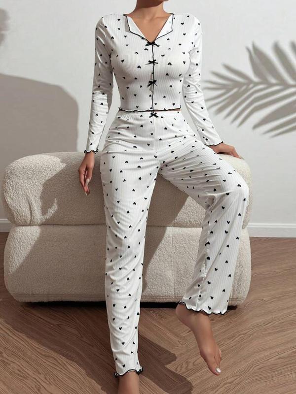 Two-Piece Set Women's All Over Heart Print Bow Front Lettuce Trim Pajama Set, Casual Comfy Long Sleeve Collared Top & Pants PJ Set, Ladies Sleepwear for Spring & Fall