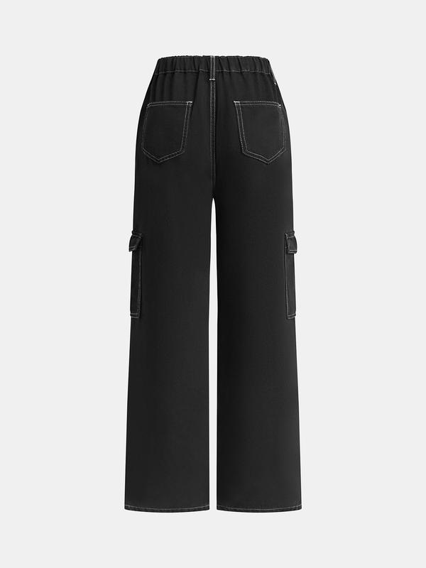 YOZY Women's Plain Top-stitching Flap Pocket Elastic Waist Pants, Casual Street Straight Leg Trousers for Daily Wear, Ladies Bottoms for All Seasons