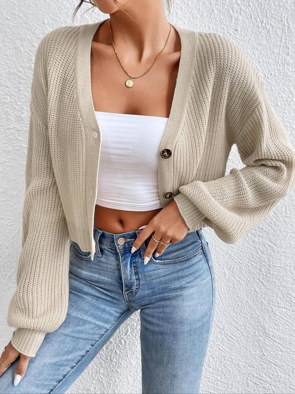 Button Front Balloon Sleeve Crop Cardigan for Women, Long Sleeve Fall Knit Cardigan, 2024 Autumn Clothes, Commuter Short Cardigan, Cozy Fall Outfits, Fall Outfits, Fallfreshness