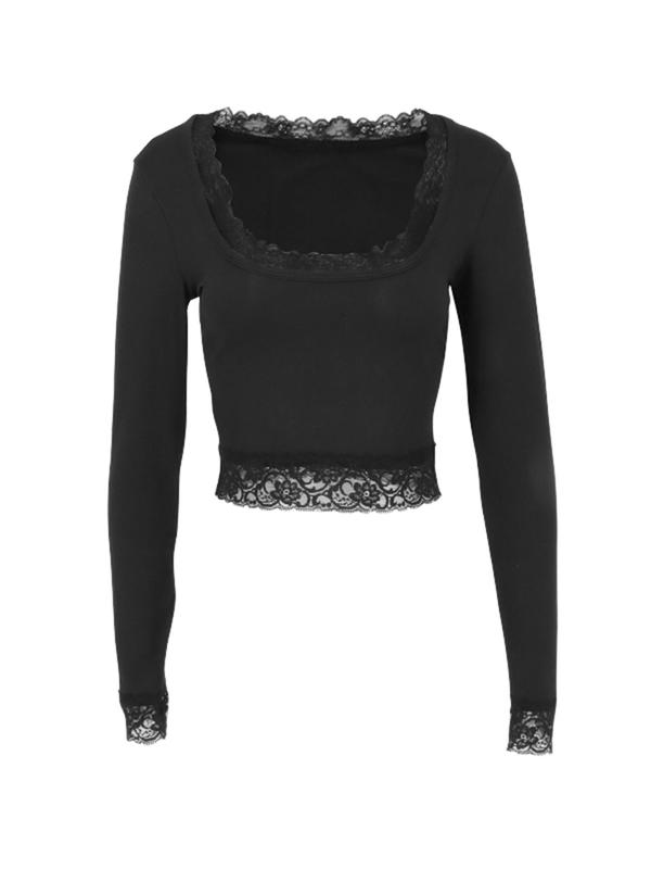 Women's Contrast Lace Square Neck Crop Tee, Casual Long Sleeve T-shirt for Summer, Ladies Clothes for Daily Wear