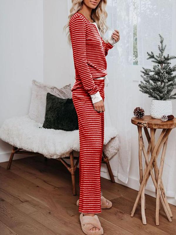 Women's Striped Print Button Tee & Tie Front Pants Loungewear Two-piece Set, Casual Comfy Round Neck Long Sleeve Top & Elastic Waist Trousers PJ Set, Women's Sleepwear for Spring & Fall