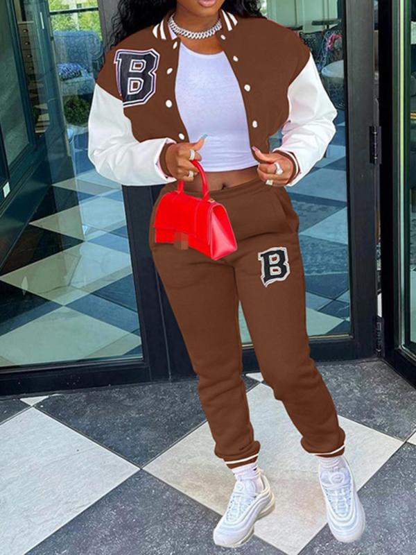 Two-piece Set Women's Letter Print Button Front Crop Varsity Jacket & High Waist Sweatpants, Casual Fashion Cozy Colorblock Print Two Piece Outfits for Daily Wear,  Two Piece Set Women, Ladies Fall & Winter Clothes