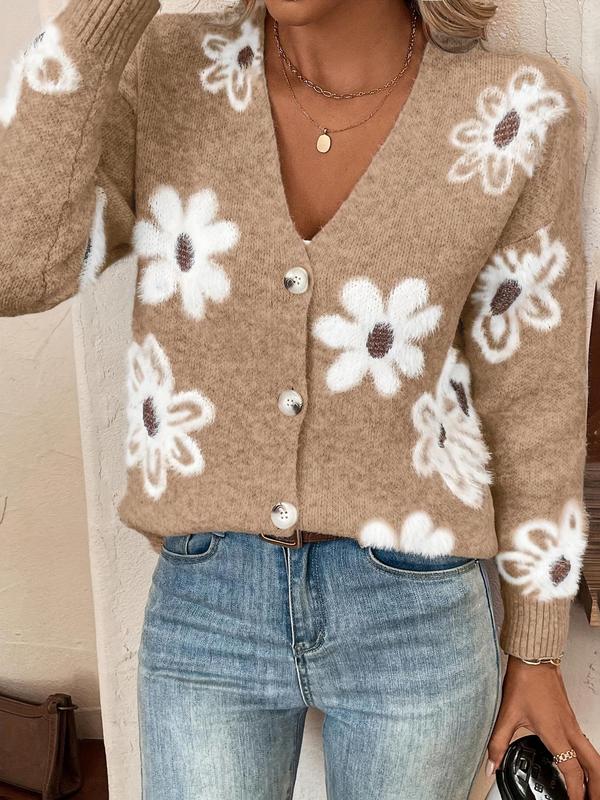 Women's Floral Print Drop Shoulder Button Front Sweater Cardigan, Casual Long Sleeve V Neck Cardigan Sweater for Daily Wear, Ladies Knitwear for All Seasons