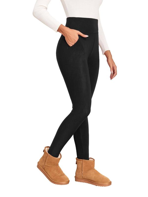 Women's Plain High Waist Pocket Thermal Lined Leggings, Casual Comfy High Stretch Warm Pants For Winter, Women's Bottoms For Daily Wear