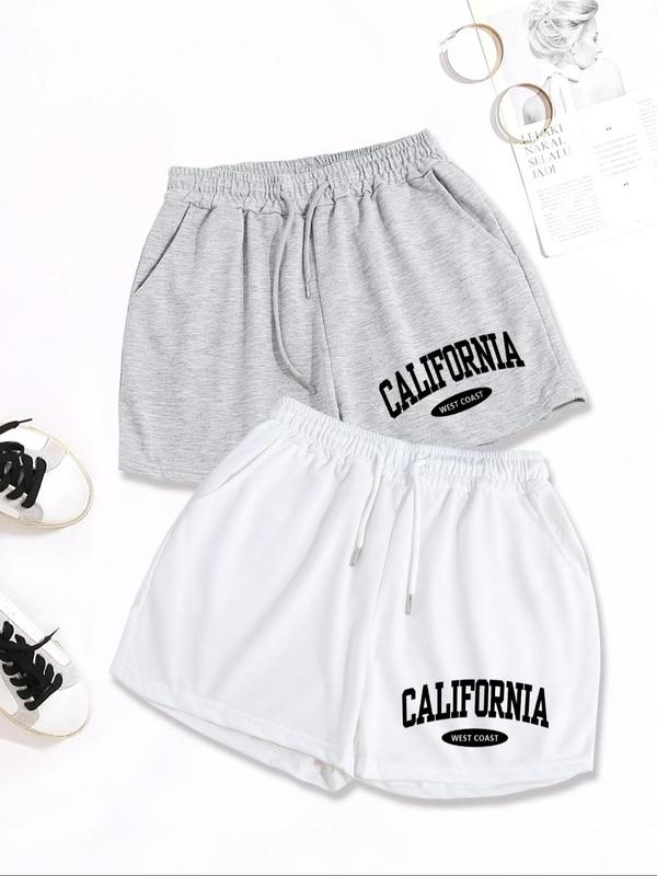 Womenswear Letter Print Drawstring Shorts, Comfort Pocket Track Shorts for Summer, Summer Outfits, Back To School Outfits, Ladies Bottoms for Daily Wear, Holiday Outfits 2024