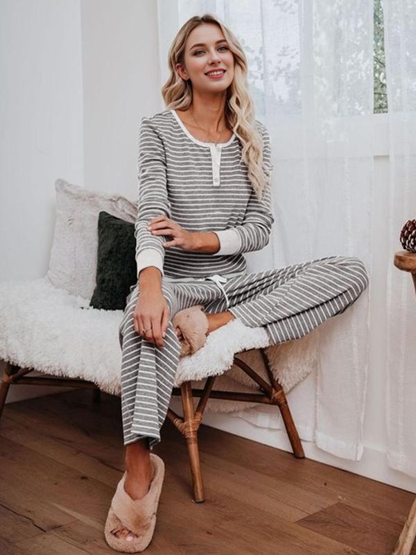 Women's Striped Print Button Tee & Tie Front Pants Loungewear Two-piece Set, Casual Comfy Round Neck Long Sleeve Top & Elastic Waist Trousers PJ Set, Women's Sleepwear for Spring & Fall