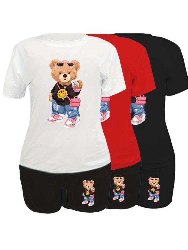 Women's 6 Counts Cartoon Bear Print Round Neck T-shirt & Skinny Shorts Set, Casual Short Sleeve Crew Neck Tee & Shorts for Daily Wear, Ladies Clothes for Fall, 2 Piece Sets Women