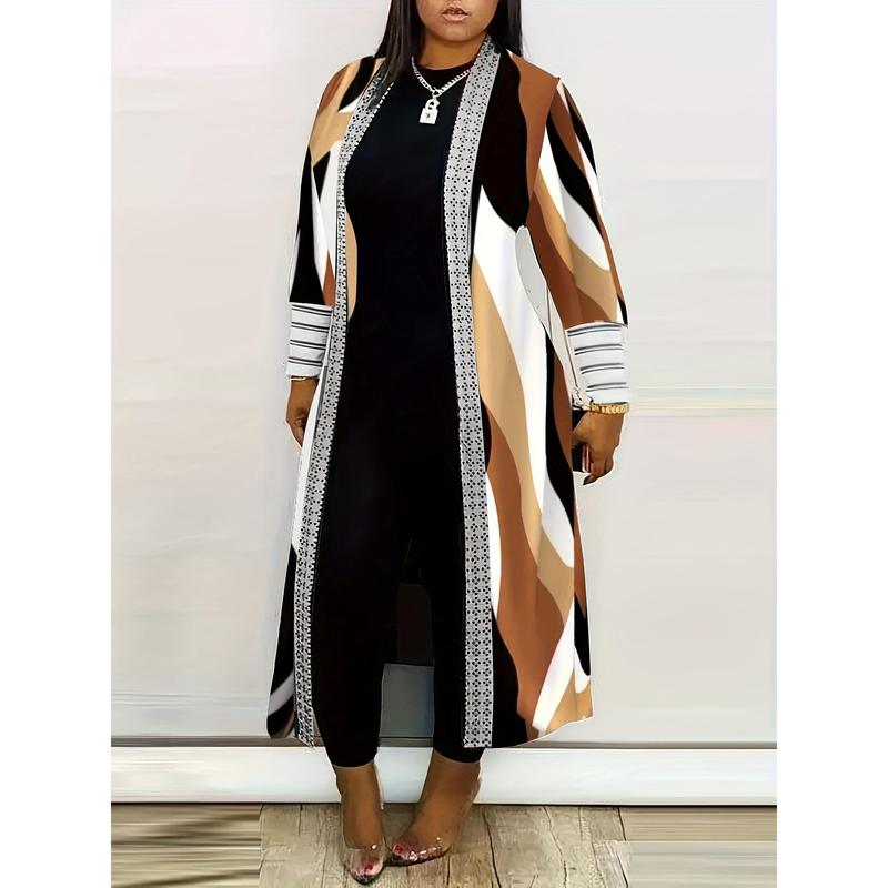 Plus Size Stripes Print Open Front Coats, Casual Long Sleeve Long Length Coats For Spring & Fall, Women's Plus Size Clothing