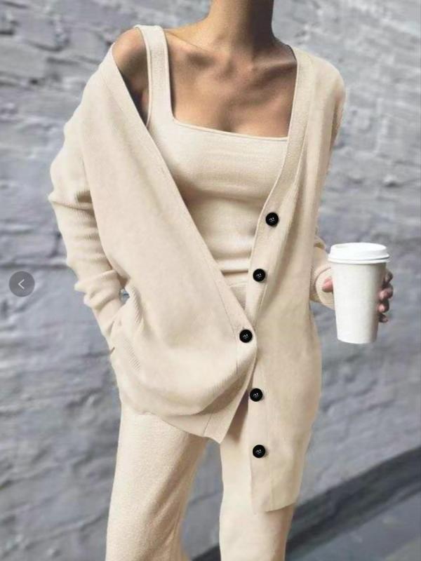 Women's Solid Long Sleeve Button Front Cardigan & Square Neck Tank Top & Elastic Waist Pants Set, Casual Spring & Fall Outfits for Daily Wear, Outfit Sets, Comfy Clothes for Women