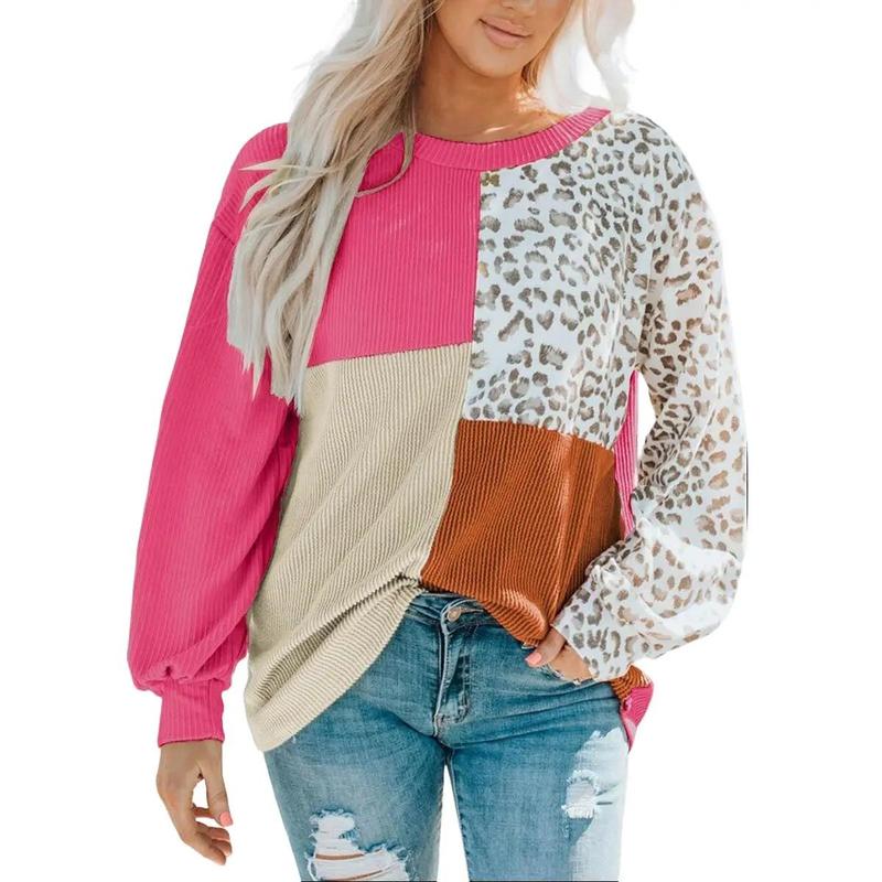 Womens Color Block Leopard Print Tops Long Sleeve Crew Neck Tunic Tops Ribbed Casual Loose Fall Tops