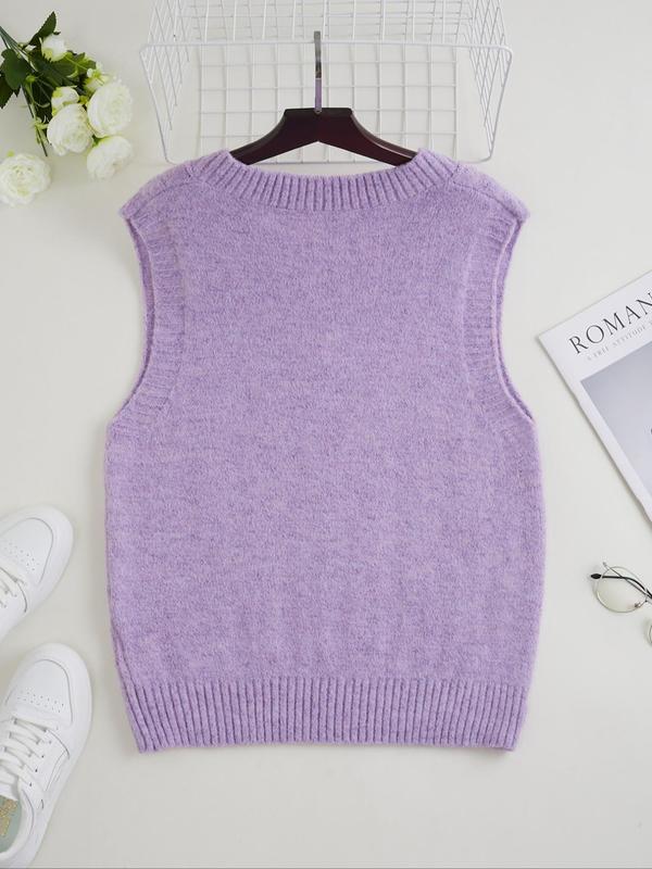  Solid V Neck Cable Knit Sweater Vest, Casual Sleeveless Knit Top for Daily Outdoor Wear, Women Plus Clothing for All Seasons