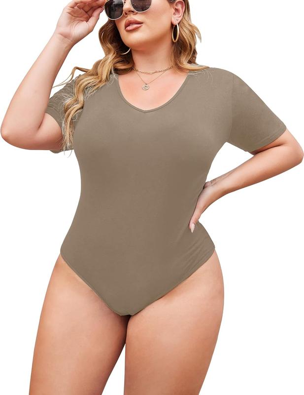 Holiday haul  IN'VOLAND Women's Bodysuit Plus Size Short Sleeve Scoop Neck Bodysuit Basic Top T Shirt Leotards Jumpsuits Fabric Womenswear shorts bodysuit dance clothing