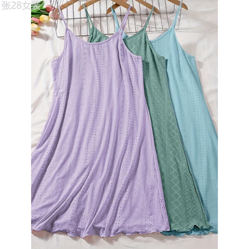 3pcs Plus Size Women's Casual Loungewear, Solid Eyelet Embroidery Round Neck Frill Trim Cami Nightdress Fabric Nightwear