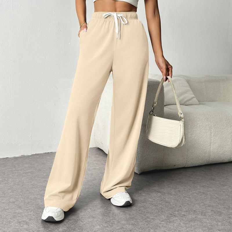 Women's Elastic High Waisted Drawstring Sweatpants Workout Trousers Straight Wide Leg Pants with Pockets