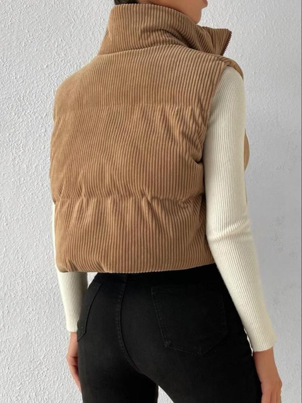 Women's Solid Zip Up Crop Corduroy Vest Coat, Casual Sleeveless High Neck Outerwear for Fall & Winter, Women's Clothing for Daily Wear