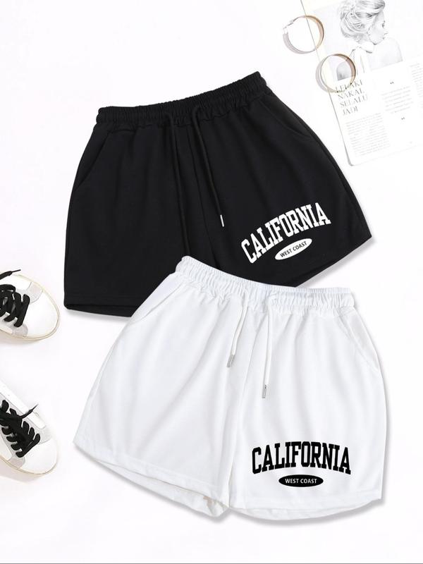 Womenswear Letter Print Drawstring Shorts, Comfort Pocket Track Shorts for Summer, Summer Outfits, Back To School Outfits, Ladies Bottoms for Daily Wear, Holiday Outfits 2024