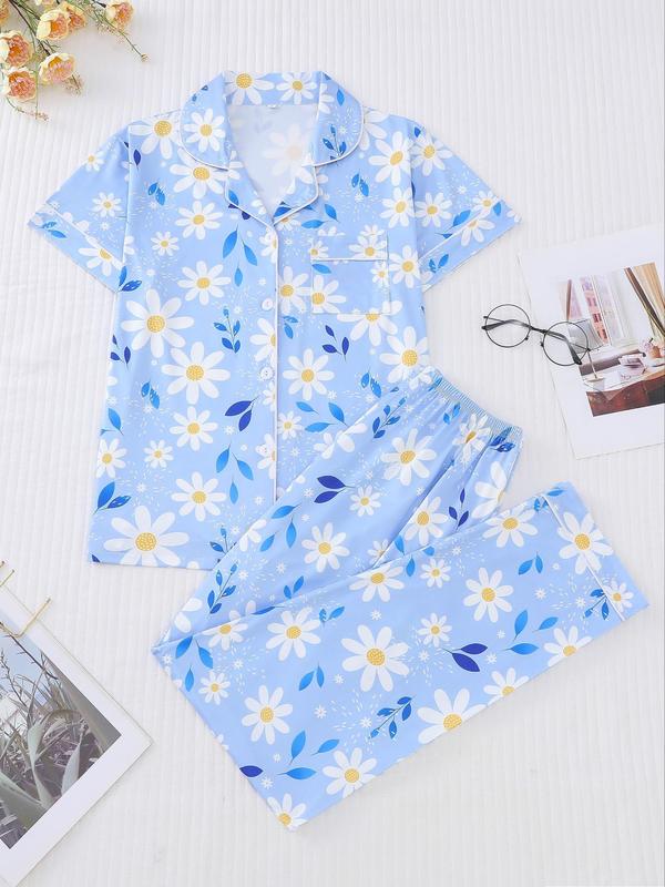 Women's Floral Print Lapel Neck Pocket Shirt & Elastic Waist Pants Pyjama Set, Casual Comfy Short Sleeve Button Up Top & Trousers Pj Set, Ladies Sleepwear for Spring & Fall, Pajama Sets Women