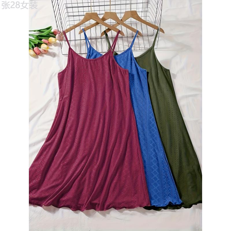 3pcs Plus Size Women's Casual Loungewear, Solid Eyelet Embroidery Round Neck Frill Trim Cami Nightdress Fabric Nightwear