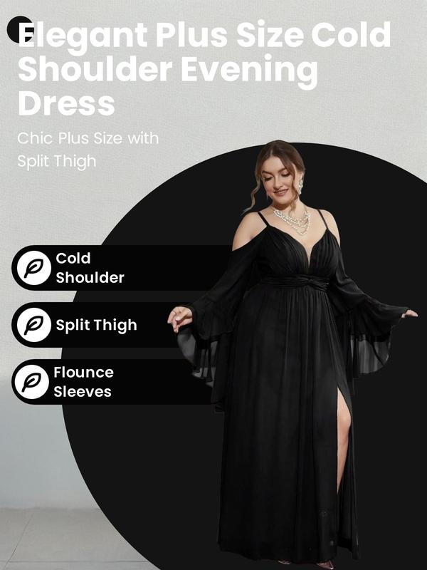 Womenswear Cold Shoulder Split Thigh Comfort Evening Dress, Elegant Formal Wear, Basic Plus Size Flounce Sleeve Long Dress for Party & Banquet, Homecoming Dresses, Minimalist Plus Clothing for All Seasons, Girl Clothes