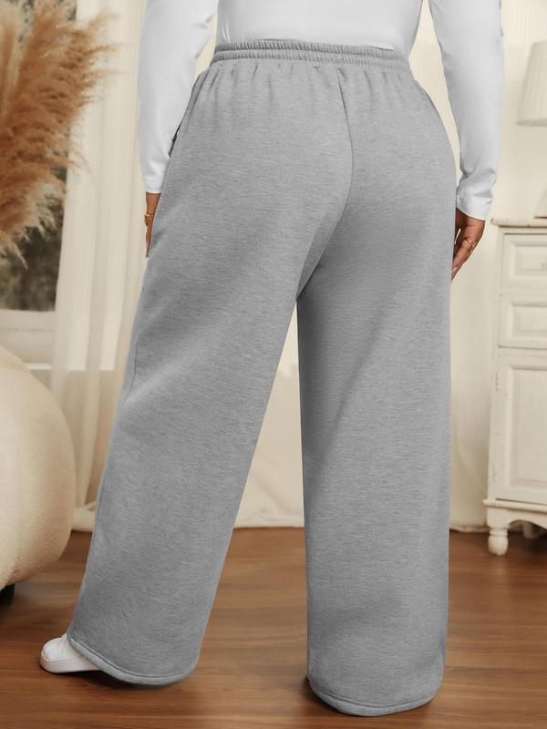 CURVZY Plus Size Solid Drawstring Waist Sweatpants, Casual Pocket Thickened Jogger Pants for Women, Women's Trousers for Fall & Winter