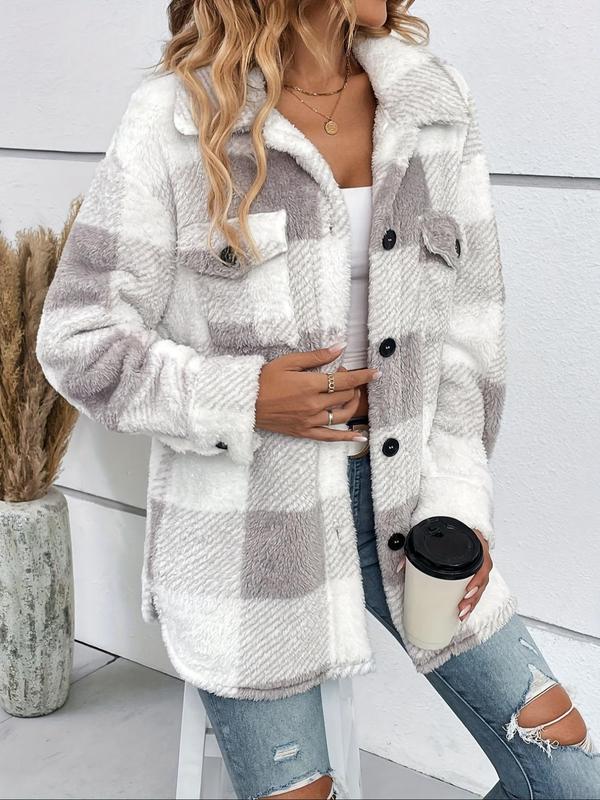 Women's Plaid Print Button Front Drop Shoulder Plush Coat, Casual Jackets, Long Sleeve Collared Outerwear for Fall & Winter, Ladies Clothes for Daily Wear