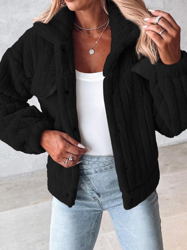 Women's Solid Button Front Flap Design Drop Shoulder Plush Coat, Casual Long Sleeve Collared Fuzzy Outerwear for Winter, Ladies Clothes for Daily Wear