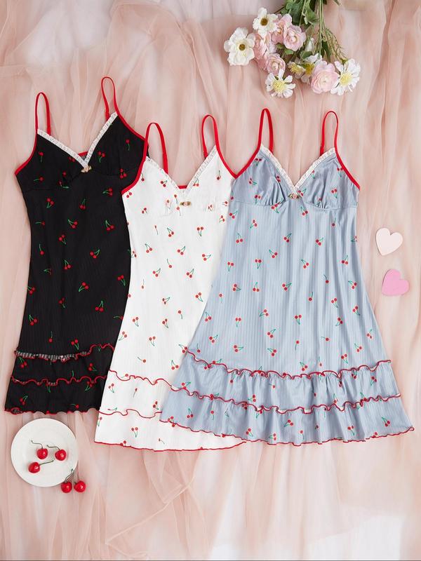 Women's Cherry Print Lettuce Trim Cami Nightdress, Cute Contrast Lace Ruffle Hem Contrast Binding Nightgown, Comfy Homewear for Women