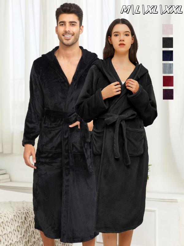 Couple's Solid Belted Hooded Flannel Robe, Casual Long Sleeve Pocket Design Bathrobe, Warm Comfy Couple Sleepwear for Fall & Winter