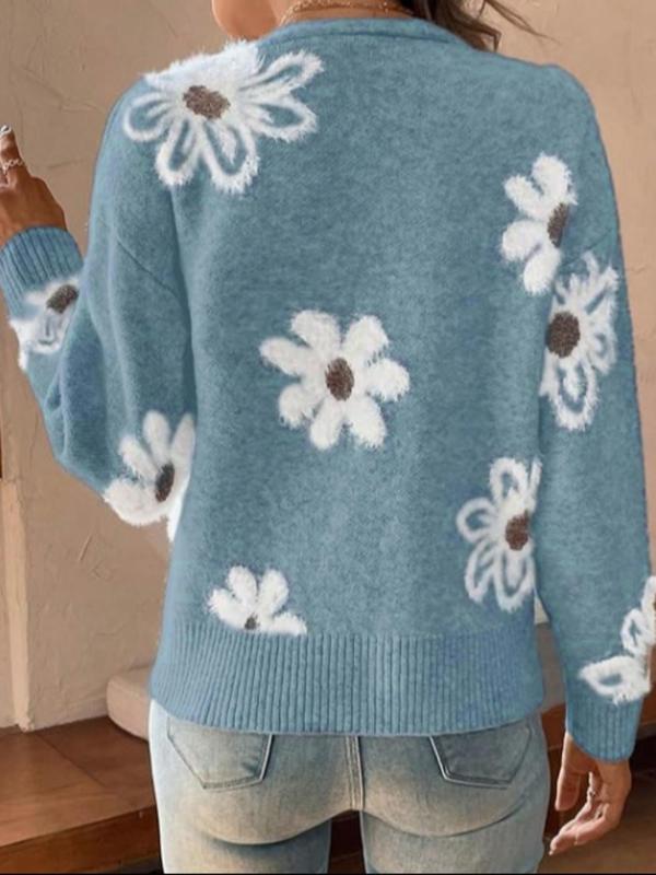 Women's Floral Print Drop Shoulder Button Front Sweater Cardigan, Casual Long Sleeve V Neck Cardigan Sweater for Daily Wear, Ladies Knitwear for All Seasons