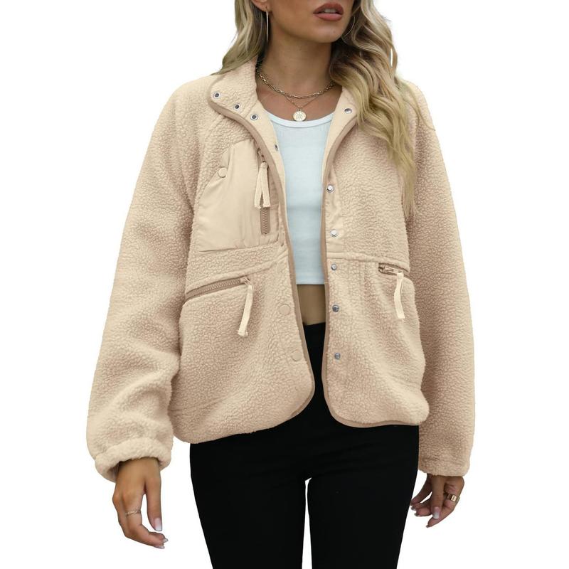 Womens Fleece Jacket Fuzzy Long Sleeve Short Coats Button Down Sherpa Outerwear with Pockets