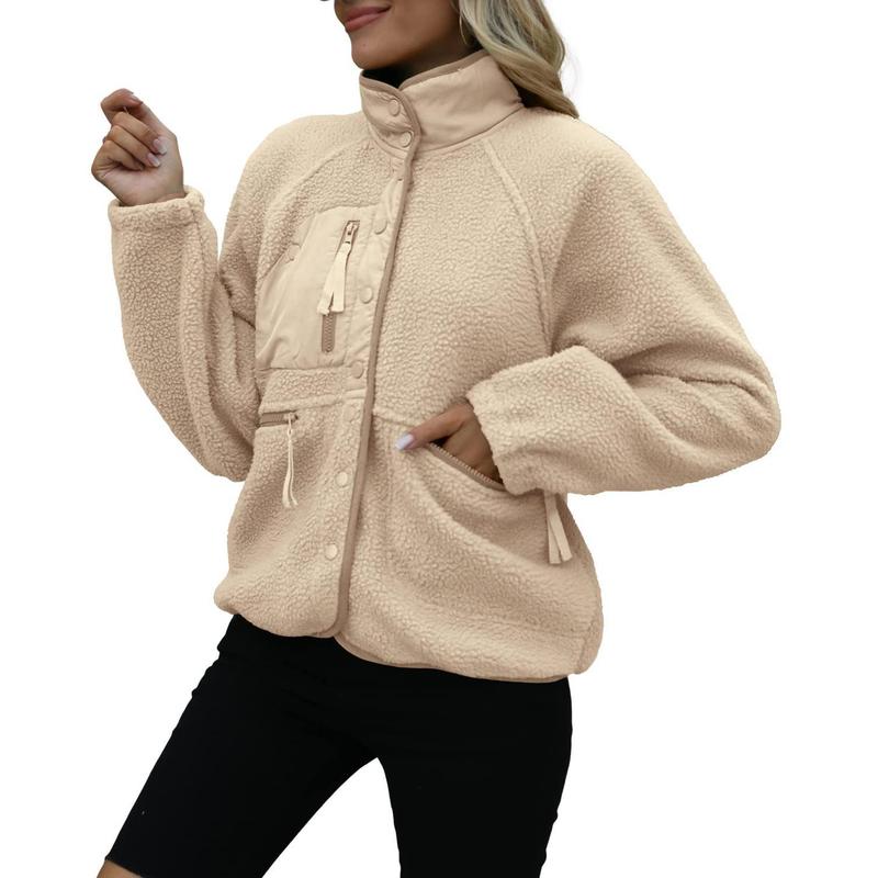 Womens Fleece Jacket Fuzzy Long Sleeve Short Coats Button Down Sherpa Outerwear with Pockets