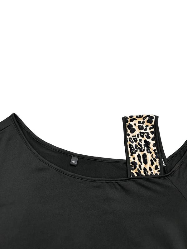 Plus Size Leopard Print Cut Out  Tee, Casual Wrap Asymmetrical Neck T-shirt for Summer, Women's Plus Clothing for Daily Wear