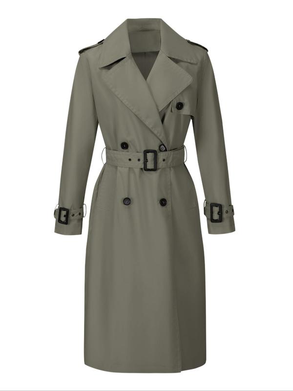 Women's Solid Double Button Belted Trench Coat, Casual Lapel Collar Long Sleeve Midi Coat for Fall & Winter, Women's Clothing for Daily Wear