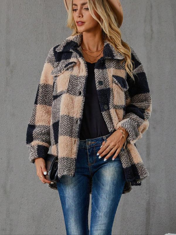 Women's Plaid Print Button Front Drop Shoulder Plush Coat, Casual Jackets, Long Sleeve Collared Outerwear for Fall & Winter, Ladies Clothes for Daily Wear