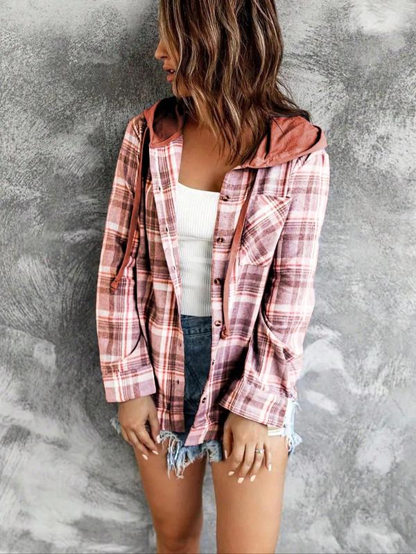 Women's Plaid Print Button Front Hooded Shirt, Casual Long Sleeve Pocket Top for Spring & Fall, Women's Clothes for Daily Wear