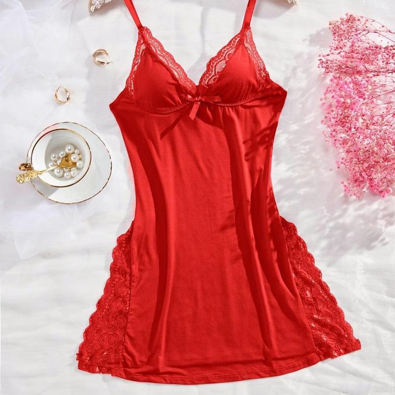 Women's Contrast Lace Bow Decor Cami Nightdress, Solid Split Thigh Adjustable Strap Nightgown,Women Sleepwear for Daily Home Wear, Summer Nightwear