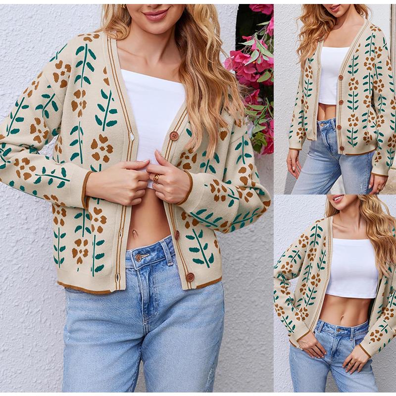 Fisoew Womens Floral Print V Neck Cardigan Open Front Button Down Knit Sweater Long Sleeve Loose Fashion Tops