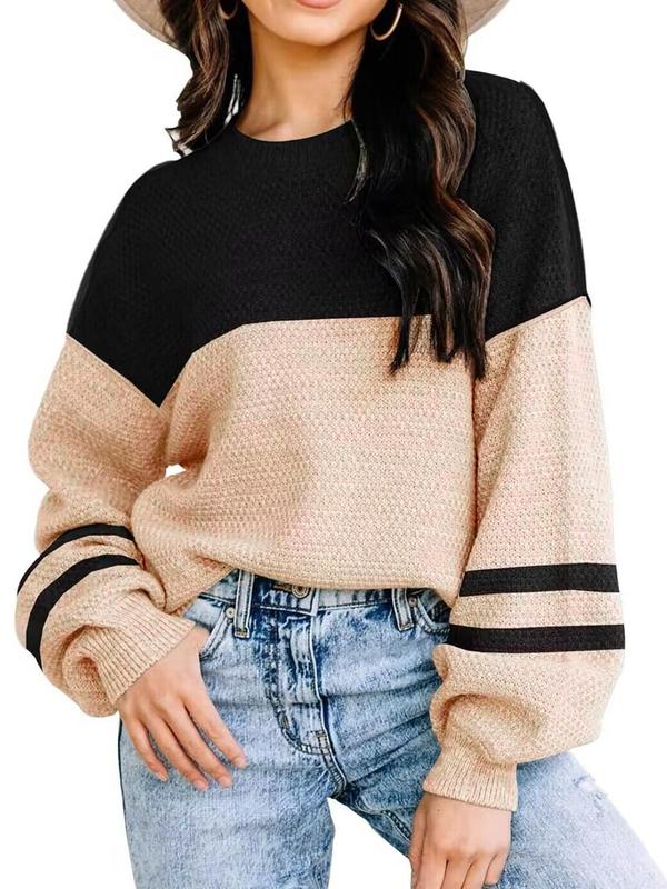 Women's Colorblock Striped Print Drop Shoulder Sweater, Casual Long Sleeve Round Neck Jumper for Fall & Winter, Fashion Ladies' Knitwear for Daily Wear