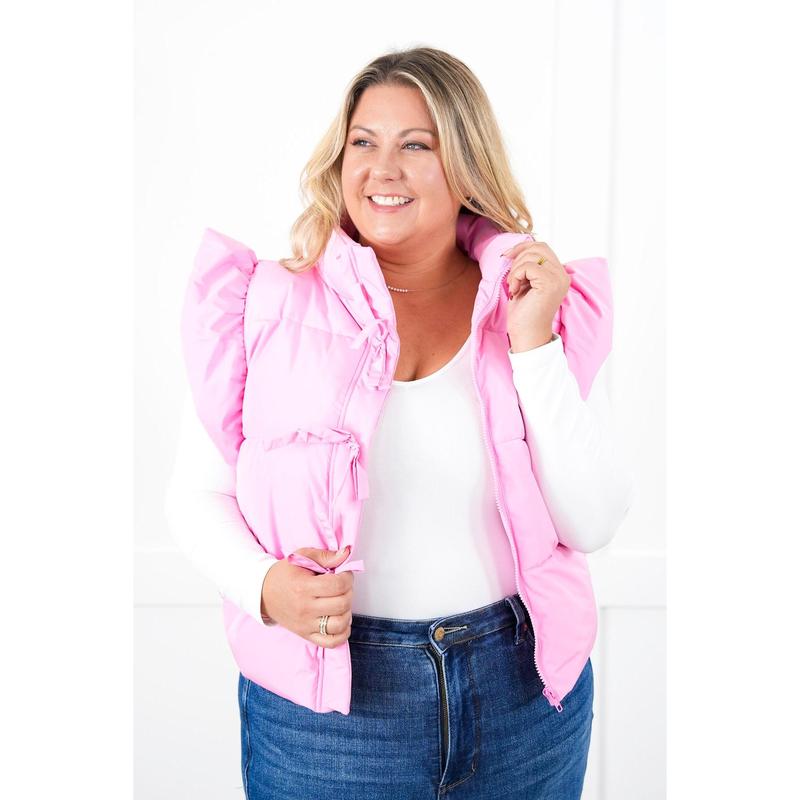 Pink Zip-Up Puffer Vest with Bow Detail