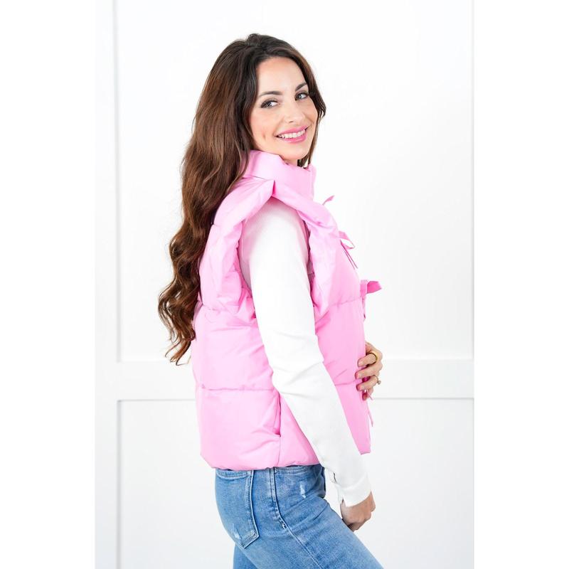 Pink Zip-Up Puffer Vest with Bow Detail