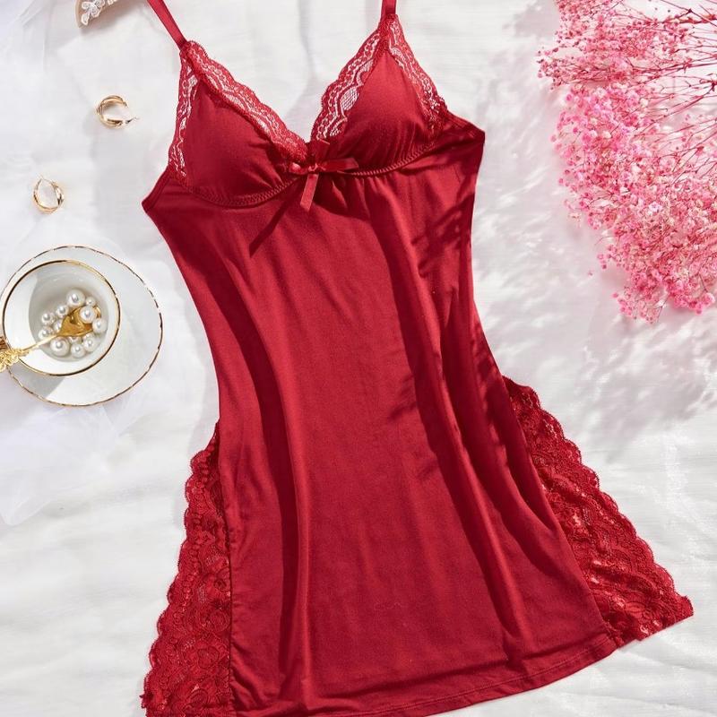 Women's Contrast Lace Bow Decor Cami Nightdress, Solid Split Thigh Adjustable Strap Nightgown,Women Sleepwear for Daily Home Wear, Summer Nightwear