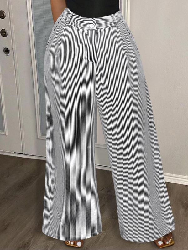  Striped Print Button Pocket Wide Leg Pants, Casual Comfy Trousers for Women, Women's Bottoms for Fall & Winter