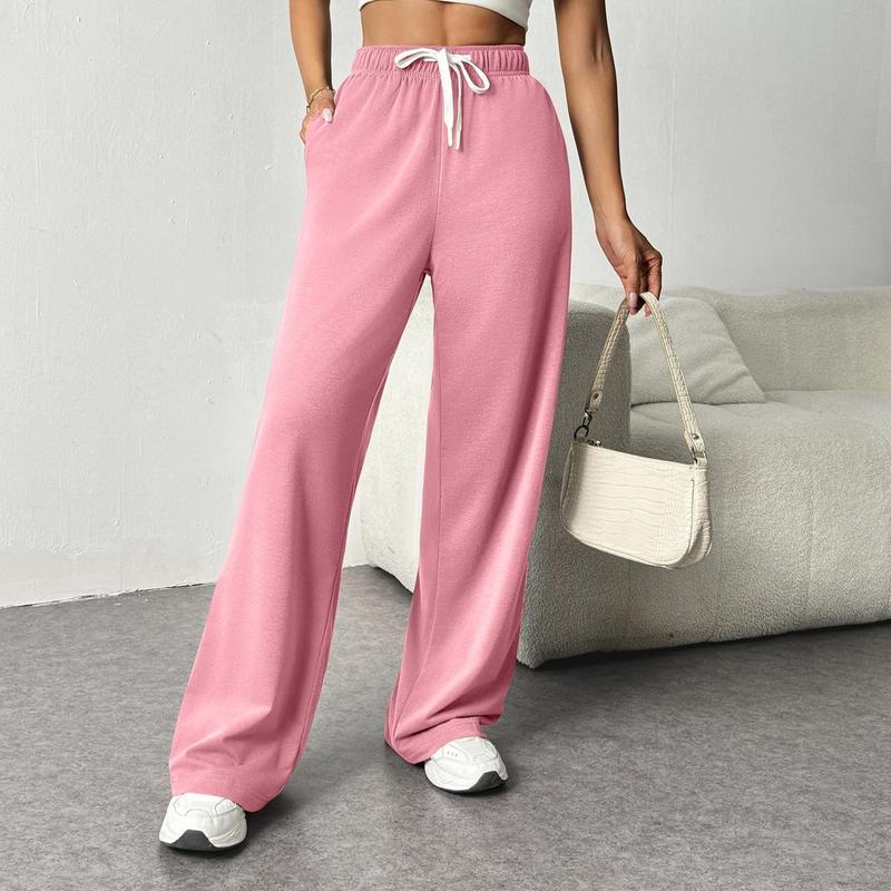 Women's Elastic High Waisted Drawstring Sweatpants Workout Trousers Straight Wide Leg Pants with Pockets