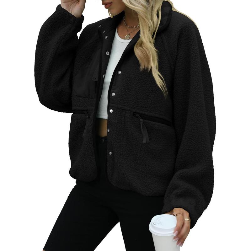 Womens Fleece Jacket Fuzzy Long Sleeve Short Coats Button Down Sherpa Outerwear with Pockets