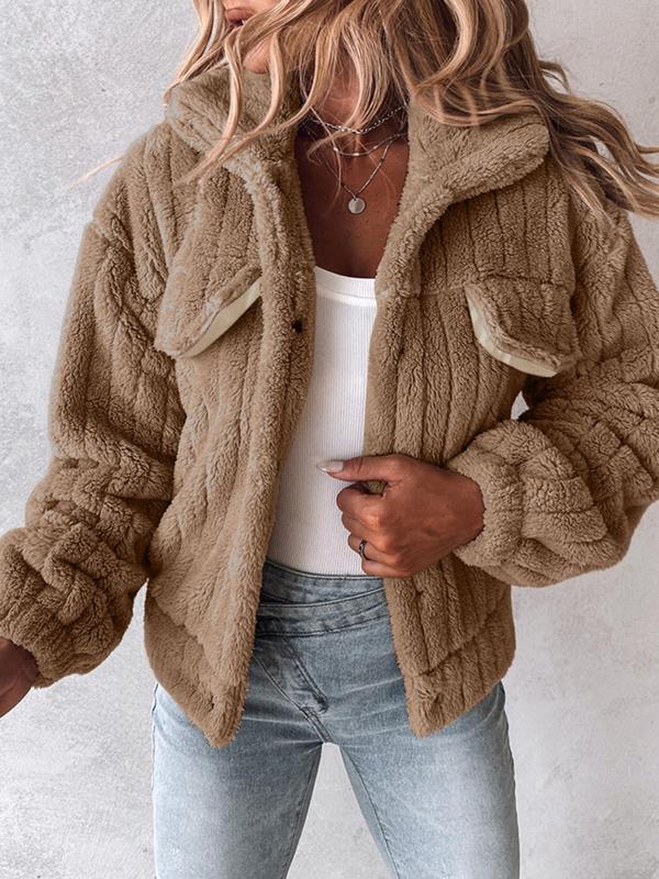 Women's Solid Button Front Flap Design Drop Shoulder Plush Coat, Casual Long Sleeve Collared Fuzzy Outerwear for Winter, Ladies Clothes for Daily Wear