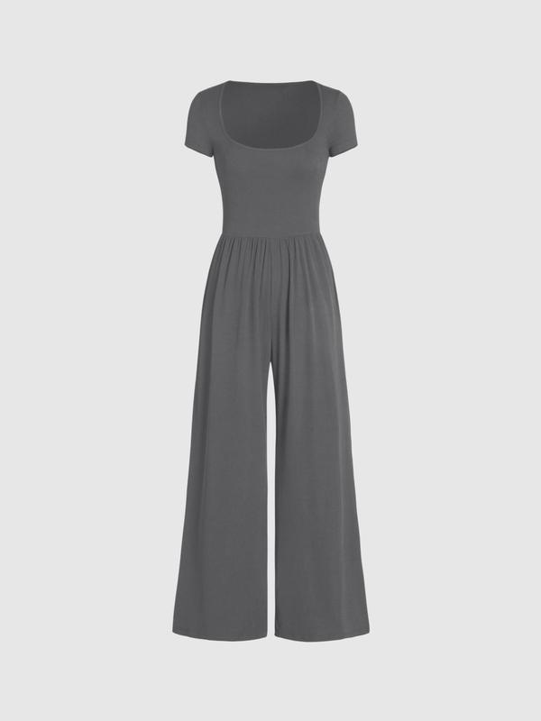 Women's Solid Scoop Neck Wide Leg Jumpsuit, Casual Short Sleeve Ribbed Jumpsuit, Summer Outfits, Women's Clothing for Daily Wear